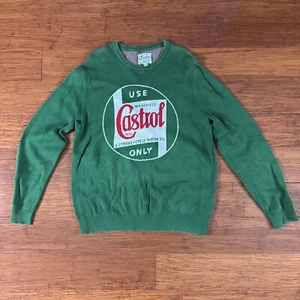 Lucky Brand Castrol Motor Oil Logo Knit Sweater Pullover Green Red Mens L - Picture 1 of 21