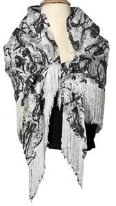 Vintage Black White Design Shawl Boho Scarf with White Fringe Triangle Shape - Picture 1 of 5