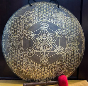 22" Flower of Life  Sacred Geometric Etching Carving Gong-Deep Long Vibration