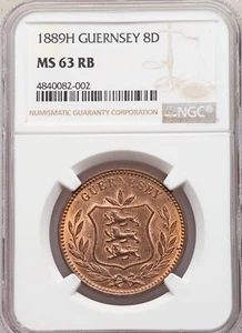 GUERNSEY - UK - GREAT BRITAIN , 8 DOUBLES 1889 H - NGC MS 63 RB , RAREH - Picture 1 of 2