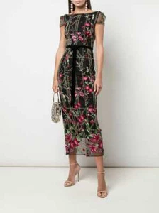 MARCHESA NOTTE Black Floral Embroidered Beaded Bow Waist Sheer Mesh Dress 16 XL - Imagen 1 de 12