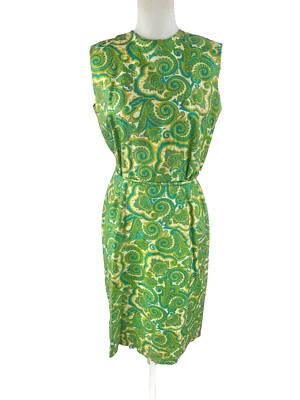 Avalon Pure Silk Vtg 60s Psychedelic AOP Paisley Hippie Boho Midi Sheath Dress - Image 1 of 4