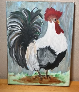 Rooster Chicken Painting on Canvas - Signed - Picture 1 of 7
