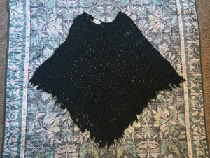 Vintage Faded Glory Crochet Open Knit Poncho OS Black Fringe Y2K Goth Boho - Picture 1 of 7