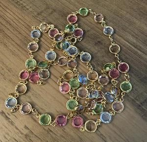 Vtg Pastel Crystal Gold Plated Bezel-set Aurora Borealis Crystal Necklace 36” - Picture 1 of 2