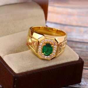 Simulierte Smaragd Edelstein Mit Vergoldet 925 Sterlingsilber Herren Ring #4675 - Bild 1 von 4