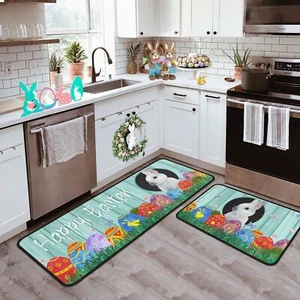 Easter Kitchen Rugs Set of 2 Easter Decorations Non Slip Backing Happy Easter... - Picture 1 of 9