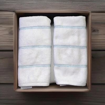Caro Hand Towels Bathroom Guest Beach Summer House Set of 2 Blue White Stripe - Image 1 of 4