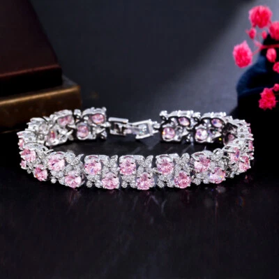 Brazalete de tenis ancho de circonita cúbica redonda hoja flor chapada en plata nupcial para mujer Foto 1 de 4
