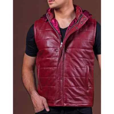 MENS GENUINE SOFT LEATHER JACKET VEST HOODIE CASUAL DESIGN FASHION STYLE RED - Image 1 of 3