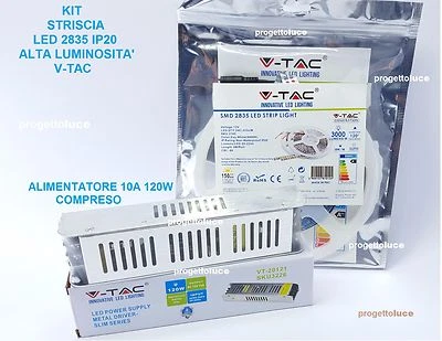 KIT 2835 STRISCIA LED 5 MT IP20 STRIP LUCE LED  CON ALIMENTATORE 12V 10A  V-TAC - Immagine 1 di 3