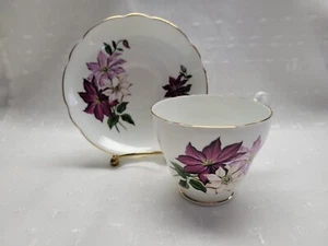 Royal Ascot Bone China Purple Clematis Teacup & Saucer Set - England - Picture 1 of 9