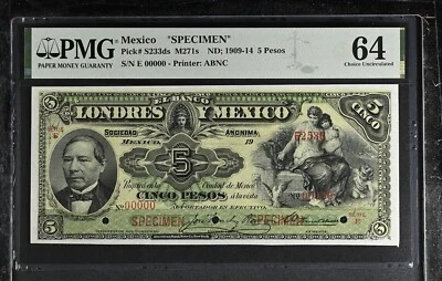 Mexico Banco de Londres y Mexico SPECIMEN P#S233ds M271s ND 5 Pesos PMG ChUNC64 - Image 1 of 2