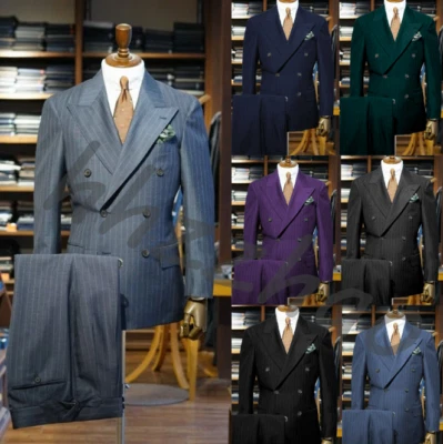 Striped Men Suit Peak Lapel Double Breasted Formal Business Wedding Groom 2 Pcs - Image 1 of 4