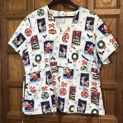 White Cross White Christmas Winter Top Women's XL Cotton Poly Scrubs Pockets - Image 1 of 4