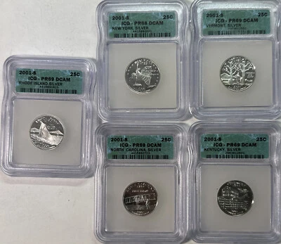 2001 S ICG PROOF PR69 DCAM 5 State Silver Quarter Set  - Image 1 of 4