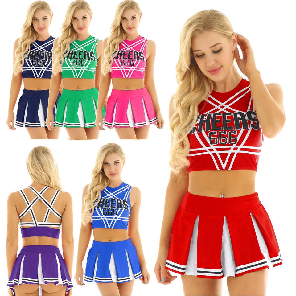 YIZYIF Damen Cheerleading Uniform Crop Top Faltenrock Set Karneval Halloween Kostüm