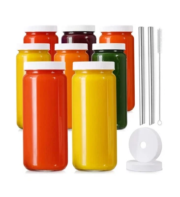 [Paquete de 8] Botellas de jugo de vidrio con pajitas y tapas - Tarros de viaje de 16 OZ Foto 1 de 4