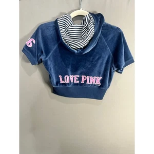 Rare Vintage Y2K Navy Victorias Secret True Pink Velour Full Zip Crop Jacket Sz S - Bild 1 von 13