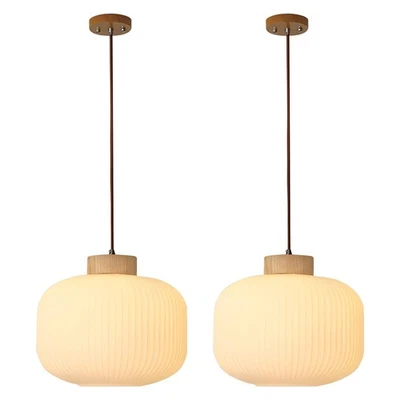 Modern Large Mid Century Ribbed Glass Pendant Lighting Vintage Milk White Woo... - Image 1 of 4