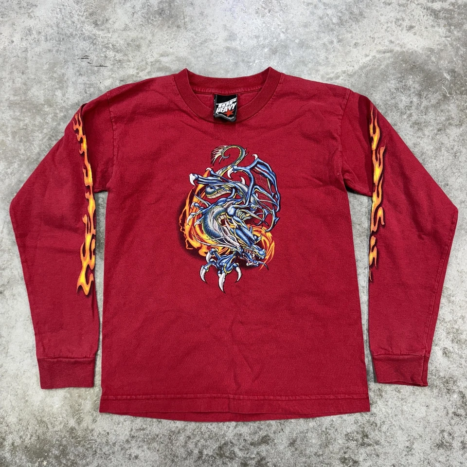 Top Heavy Shirt boys Small Red Dragon Flames Graphic Long Sleeve Y2K Skater Tee - Image 1 of 4