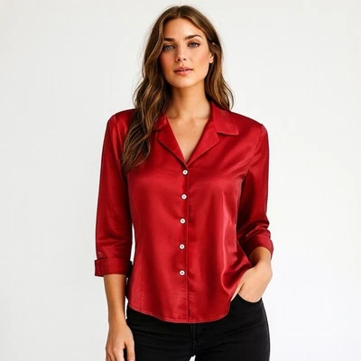 Blusa De Colección Victoria Soie 100% Seda Roja Talla 12 Grande Y2K Abotonada Clásica Top L Foto 1 de 4