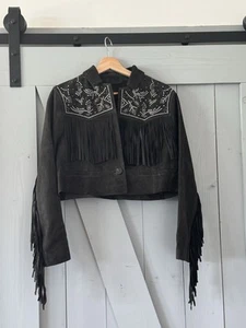 AllSaints Corinna Embellished Fringe Black Suede Cropped Jacket Sz 10 $829 - Picture 1 of 17