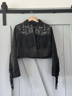 AllSaints Corinna Embellished Fringe Black Suede Cropped Jacket Sz 10 $829 - Image 1 of 4