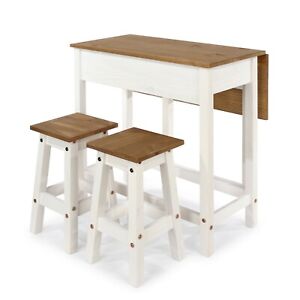Rustic Breakfast Table Lunch Counter Bar Drop Leaf 2 Stool Kitchen Set White