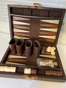 Vintage Backgammon Set Brown Faux Leather Travel Folding Case 10.5" X 7.5" - Picture 1 of 9