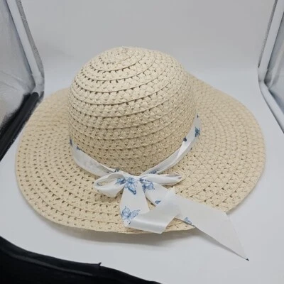 Sombrero de sol de papel de Pascua de ala ancha flojo para dama con banda de mariposas y lazo  Foto 1 de 4