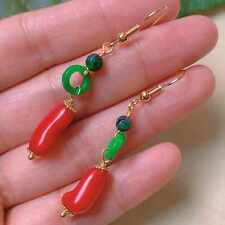 Natural Red Coral Jadeite Malachite beads 18k gold ear hook Classic New Year