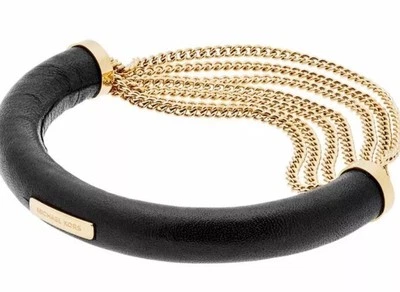 Pulsera Michael Kors MKJ5762710 Luxe Cuero Negro Tono Dorado Cadena Nueva con Etiquetas $115 Foto 1 de 4