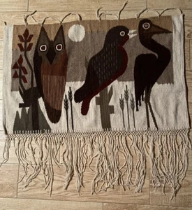 Owl/bird Wall Hanging Wool Textile Neutral Fringed Vintage 18x35” - Picture 1 of 12