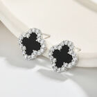 S925 Silver Earrings Simple Diamond-set Black Onyx Clover Fashion