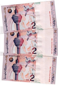 Mazuma *M5225 Malaysia AhmadDon 8th $2 BT2325469-471 3 Running UNC *Light Foxing - Picture 1 of 2
