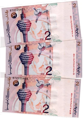 Mazuma *M5225 Malaysia AhmadDon 8th $2 BT2325469-471 3 Running UNC *Light Foxing - Image 1 of 2