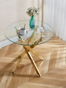 Mesa de comedor redonda de vidrio de 23,6 pulgadas mesa auxiliar de cocina con patas de metal cruz dorada - Imagen 1 de 10