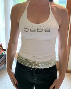 Vintage Bebe Y2K white halter top sleeveless sequin stretch waist band USA Rare - Picture 1 of 14