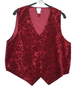 VTG 90s Sostanza Velvet Burnout Vest Womens L Maroon 4-Button Dark Academia Goth - Picture 1 of 4