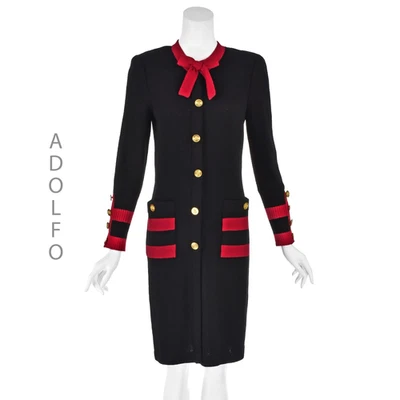 Vestido de punto negro ADOLFO con ribete rojo y botones náuticos dorados talla 8 M Foto 1 de 4