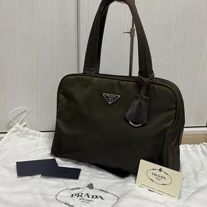 PRADA Tessuto Sport Logo Tote Bag B8495 Khaki Nylon Leather Medium Size - Picture 1 of 12