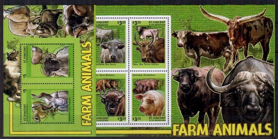 St. Vincent & Gr. 2014 MNH MS+SS,Goat,Sheep,Dogs, Pig, Cattle, Farm Animals   - Image 1 of 1