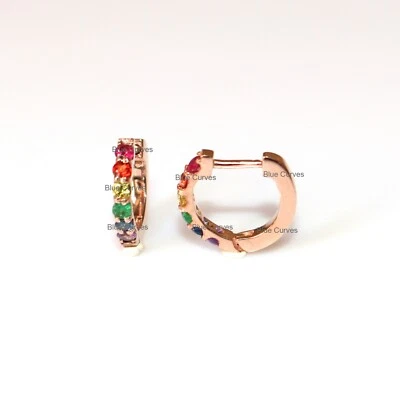 14k Solid Rose Gold Rainbow Color Gemstone Huggie Hoop Earrings Gift Jewelry - Image 1 of 2