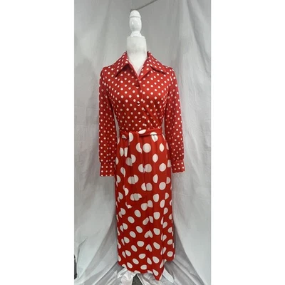 Maxi Vestido Vintage Años 70 Cuello Daga Cinturón Rojo Blanco Lunares Mujer’s Talla Pequeña Foto 1 de 4
