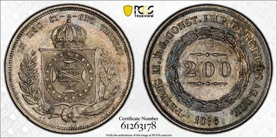 1866 Brazil 200 Reis PCGS MS63 Lot#G1259 Silver! Choice UNC! Mald#601.23 - Image 1 of 4