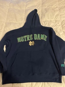 Sudadera con capucha vintage años 90 Russell Athletic Notre Dame azul marino irlandés XXL etiqueta amarilla limpia - Imagen 1 de 6