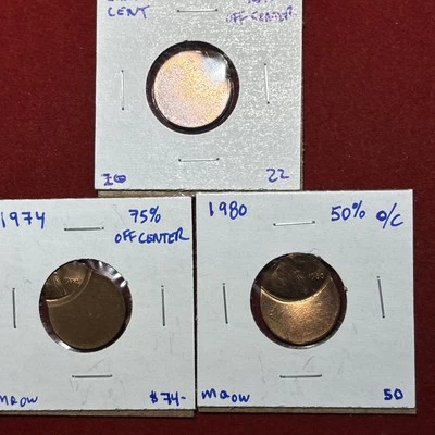 Error Coin Lot (3) Lincoln Cent  Nd 1974 1980 Off Center Free Shipping - Image 1 of 4