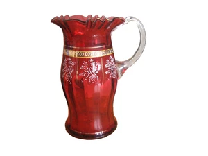 Edwardian Ruby Red Blown Glass Gilded Floral Water Jug/Pitcher w Clear Handle - Picture 1 of 10