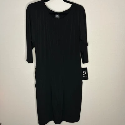 Vestido JAX Negro Midi Bolsillos Manga 3/4 Plisado Frontal Mujer Talla 4 Nuevo con Etiquetas Foto 1 de 4
